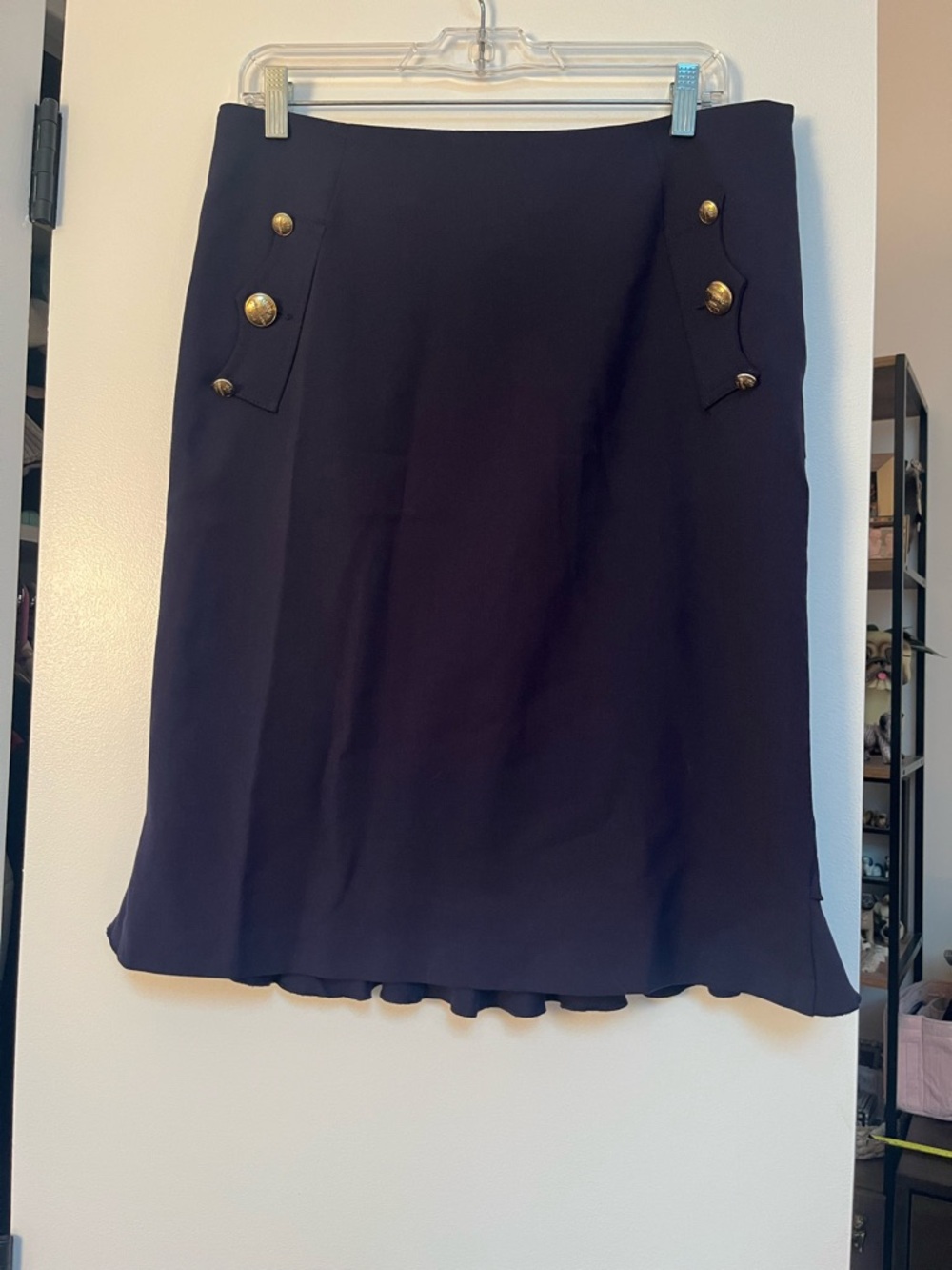 Moschino Jeans Navy with gold skirt, ruffle in back. Size 12